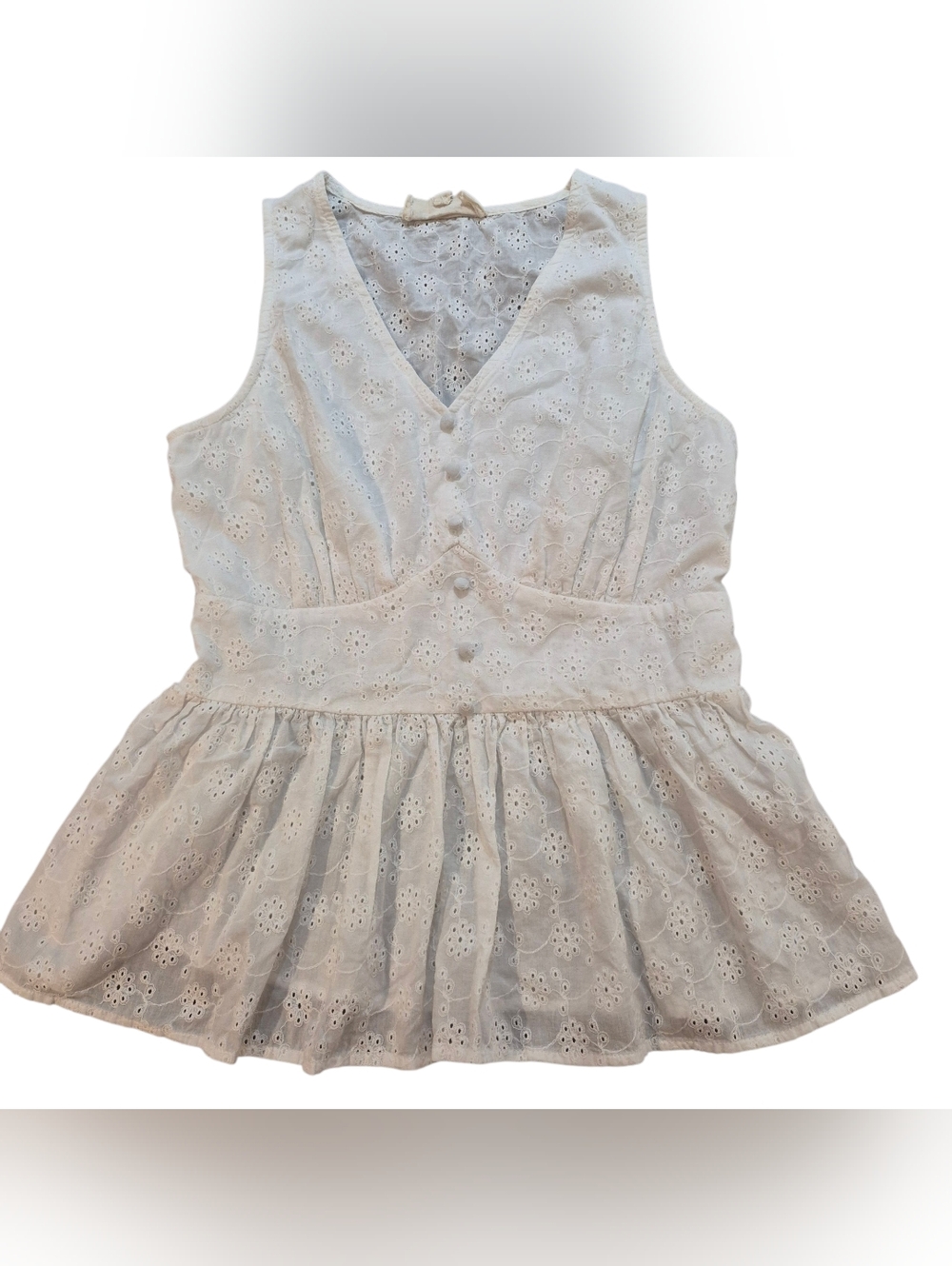 Wishing Waves White Eyelet Babydoll Top Cotton Peplum Romantic Boho M